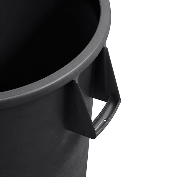 A Carlisle black round trash can with a handle.