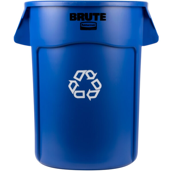 A blue plastic recycling can with white text reading "Brute" and a recycling symbol.