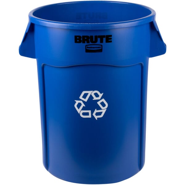 A blue Rubbermaid Brute recycling can with white text.