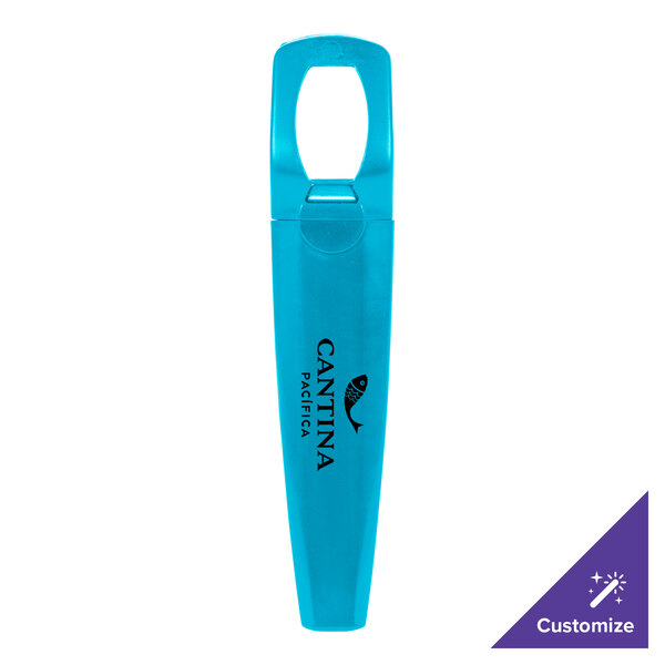 A turquoise plastic Franmara bottle opener with black and white text.