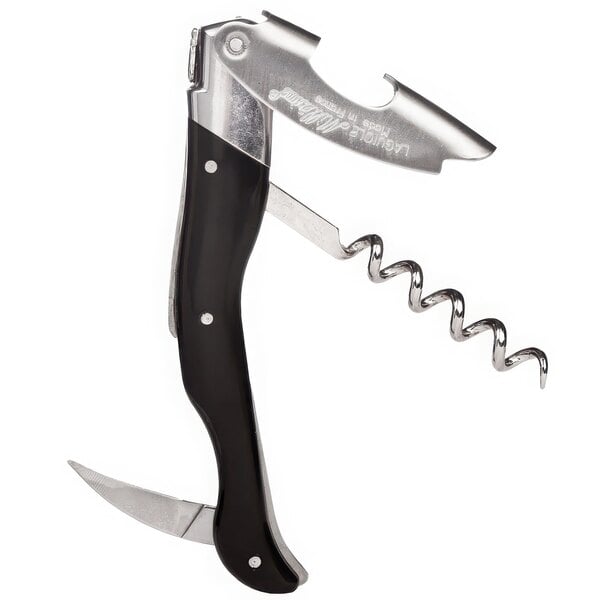 A Laguiole Millesime corkscrew with black and silver ABS handle and steel accents.