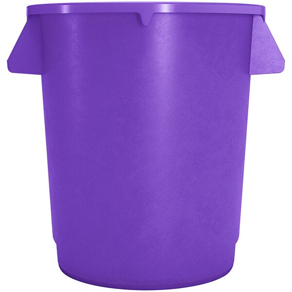 A purple plastic Carlisle trash can with two handles and a white edge.