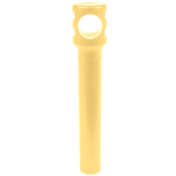 A yellow cylindrical Franmara plastic pocket corkscrew with a hole in the middle.