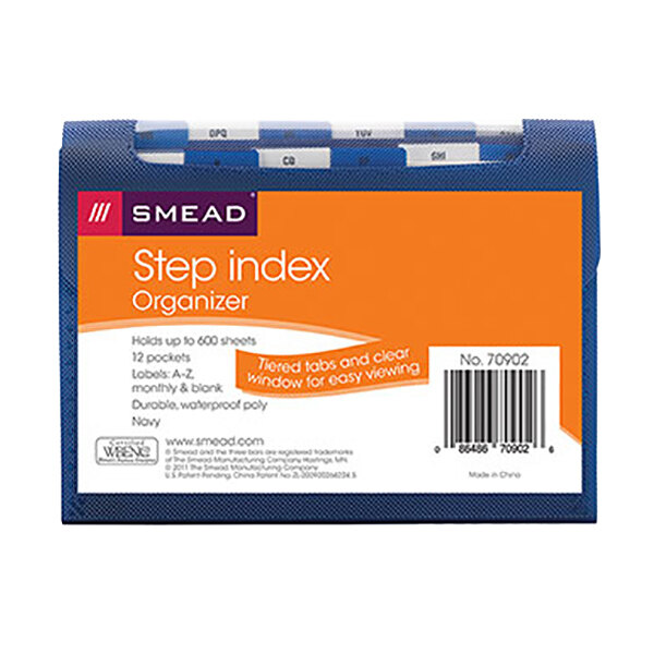 A navy blue Smead expanding file with white A-Z and blank tab inserts.