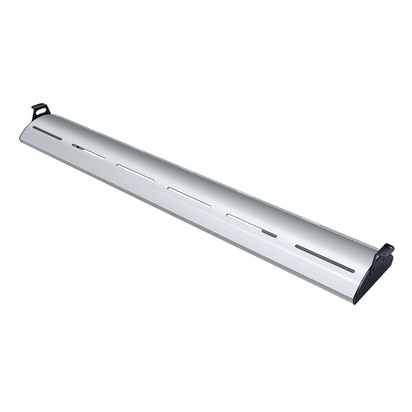 A long silver Hatco curved display light with black handles on a white background.
