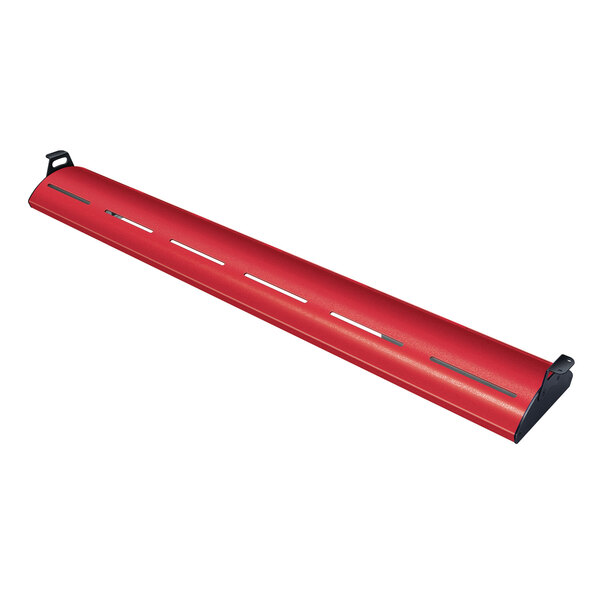 A red metal Hatco Glo-Rite display light with a black handle over a red metal shelf.