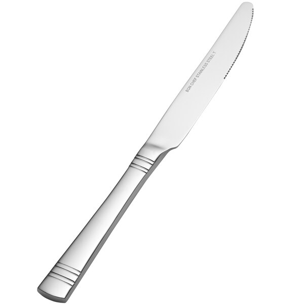 A Bon Chef stainless steel dinner knife with a solid silver handle.