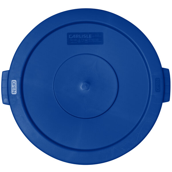 A blue plastic lid for a Carlisle Bronco trash can.