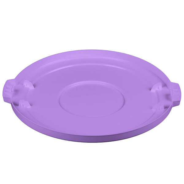 A purple Carlisle Bronco lid for a round trash can with three handles.