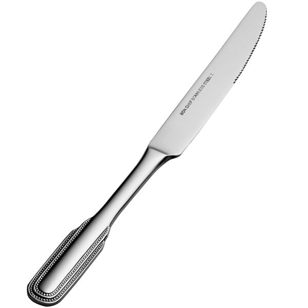 A Bon Chef stainless steel dinner knife with a solid silver handle.