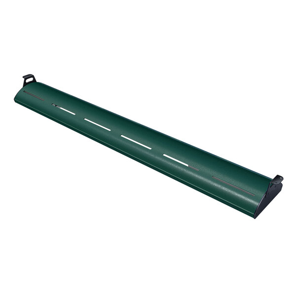 A long green curved metal beam with white lighting at the end.