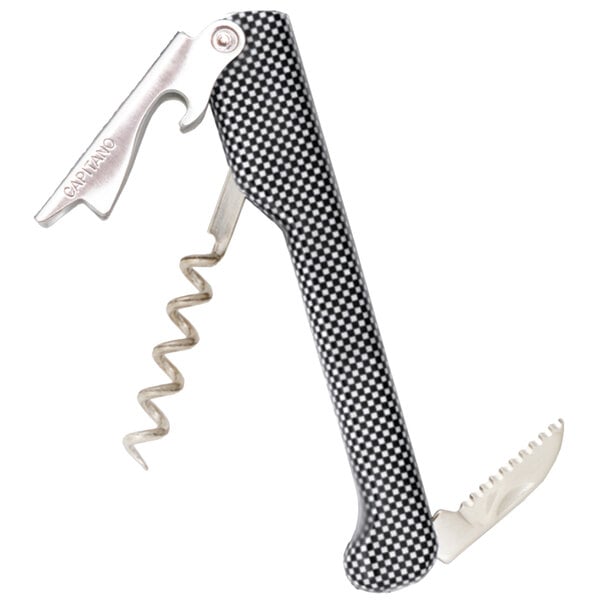 A Franmara Capitano waiter's corkscrew with a black and white checkered decal.