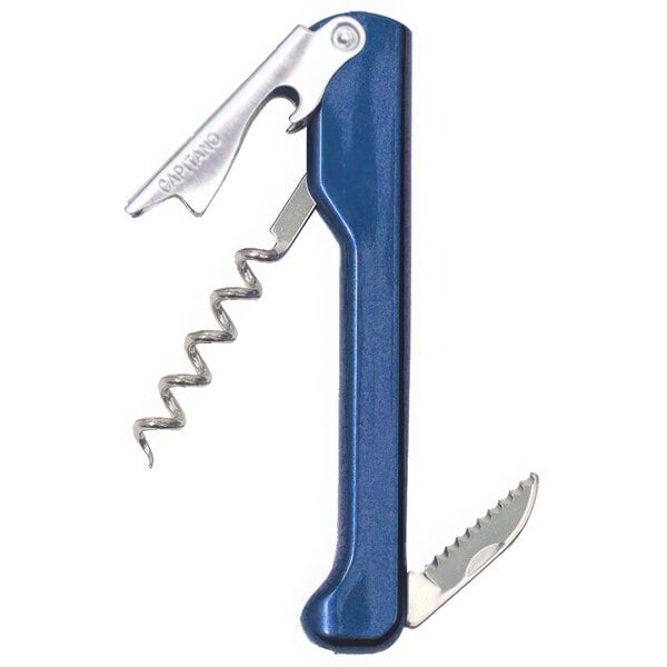 A Franmara Capitano corkscrew with a blue and silver metal pole and knife.