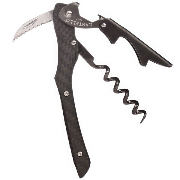 A Franmara Castello waiter's corkscrew with a black and silver handle and folding knife.