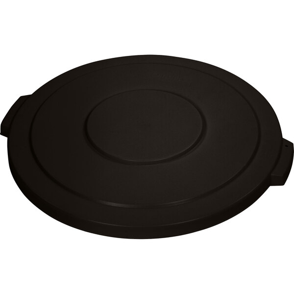 A black circular lid for a Carlisle Bronco 44 gallon trash can on a white surface.