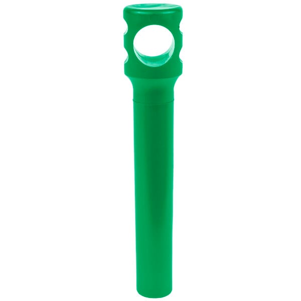 A green plastic cylinder with a white top and a hole.