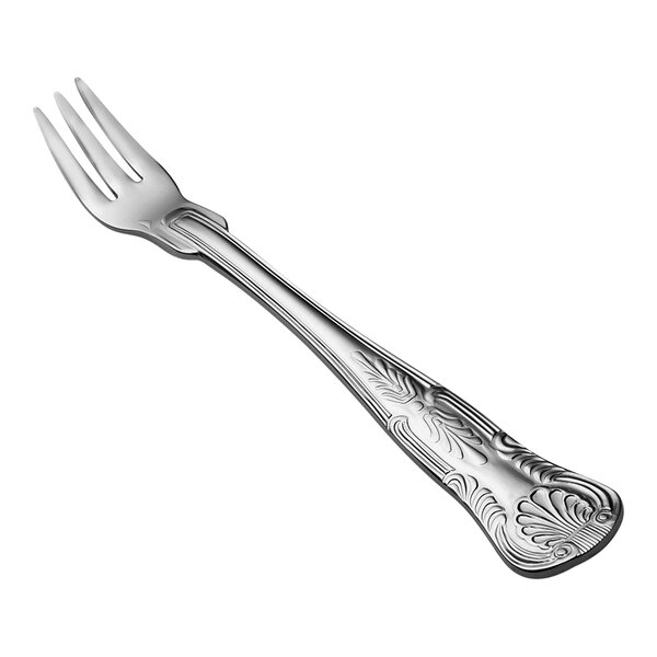 A silver Bon Chef oyster / cocktail fork with a design on it.