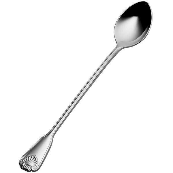 A Bon Chef stainless steel iced tea spoon with a shell design on the handle.