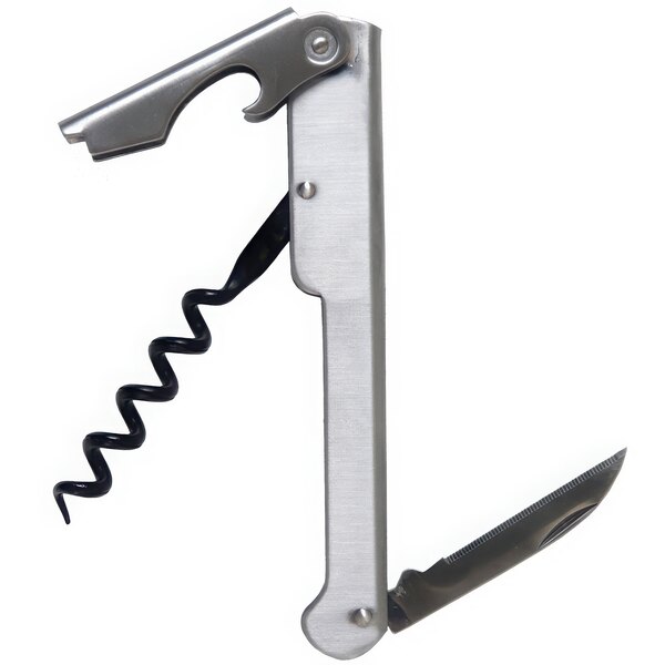 A Franmara stainless steel waiter's corkscrew with a cork and knife.