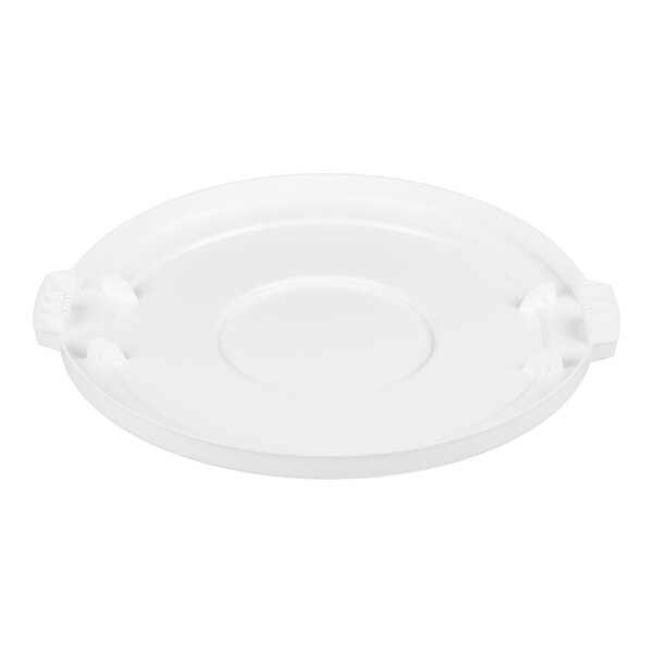 A white flat round plastic trash can lid designed for a 55-gallon container.