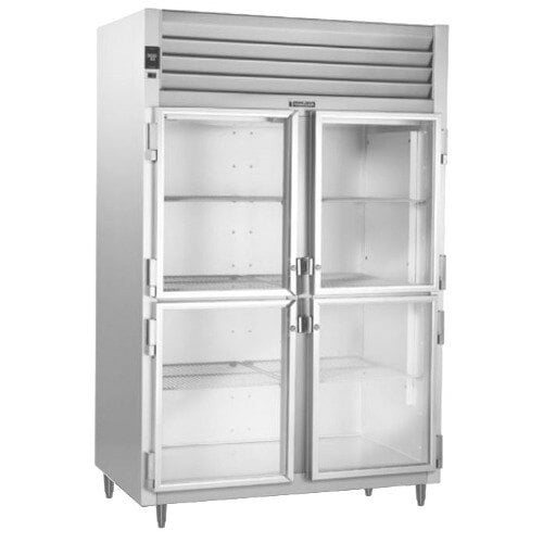 A stainless steel Traulsen reach-in refrigerator with glass doors.