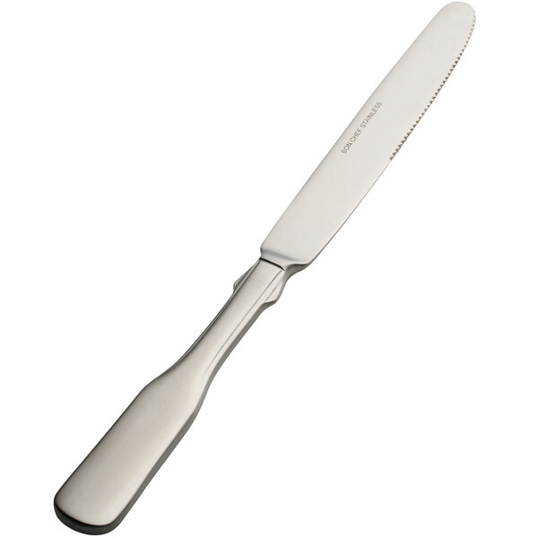 A Bon Chef stainless steel dinner knife with a solid handle.