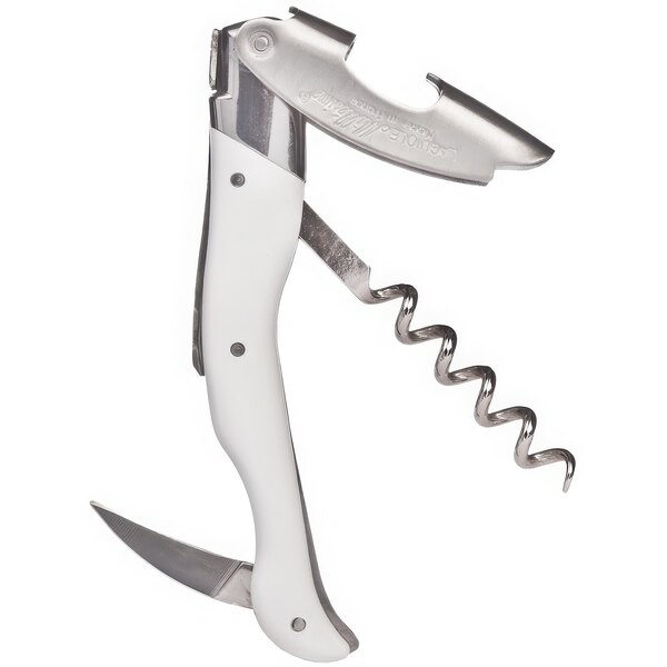 A Laguiole Millesime white corkscrew with a white horn ABS handle and silver accents.