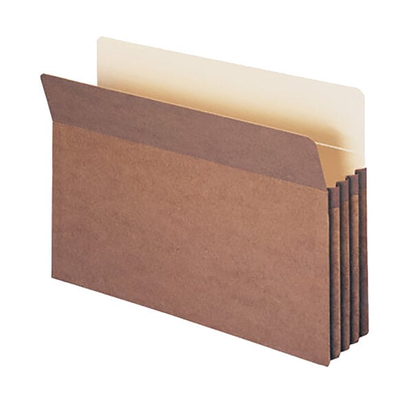 A brown file folder with a white cover containing white paper.