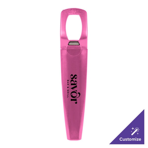 A pink Franmara plastic bottle opener with black text.