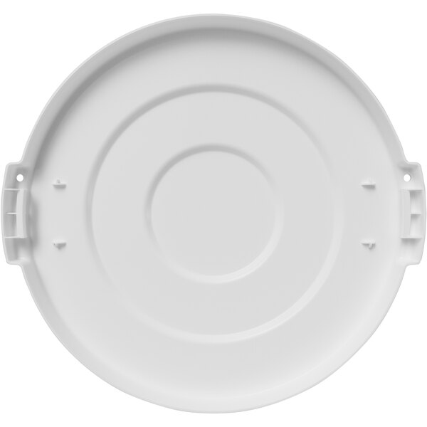 A white plastic Carlisle Bronco lid with a clip and a hole over a circle.