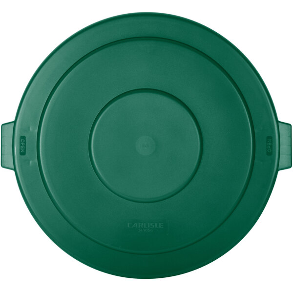 A green Carlisle Bronco plastic lid for a circular trash can with handles.