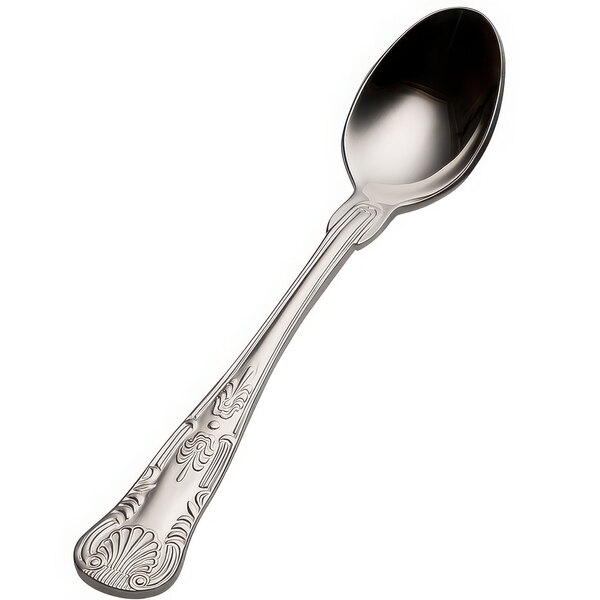 A stainless steel Bon Chef demitasse spoon with a design on the handle.