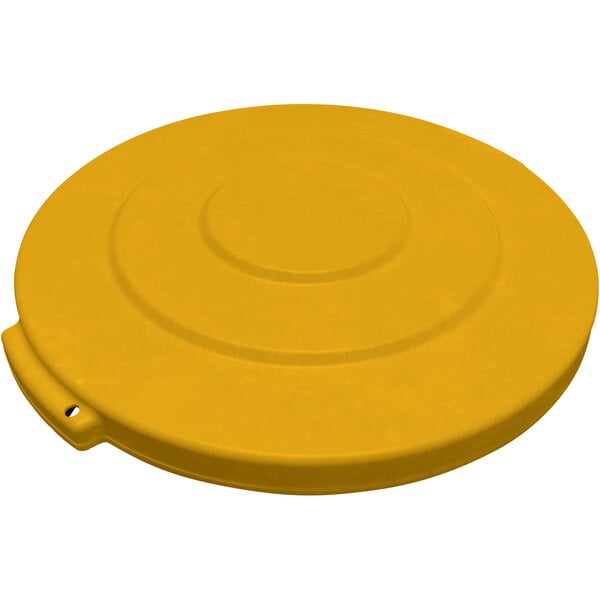 A yellow Carlisle plastic lid with a handle and a hole.