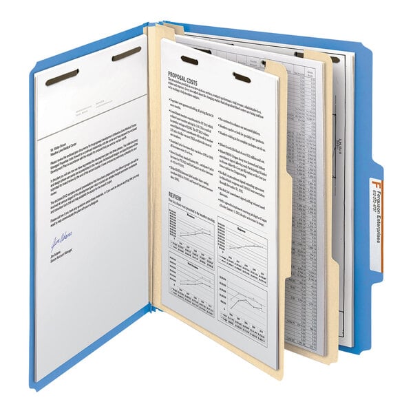 A blue Smead classification folder with papers in it.