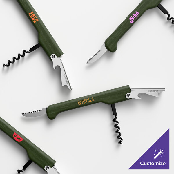 A set of customizable waiter's corkscrews with green wood handles and metal components.