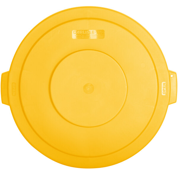 A yellow plastic Carlisle lid with handles.
