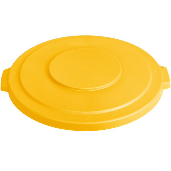 A yellow plastic lid for a Carlisle Bronco trash can on a white background.