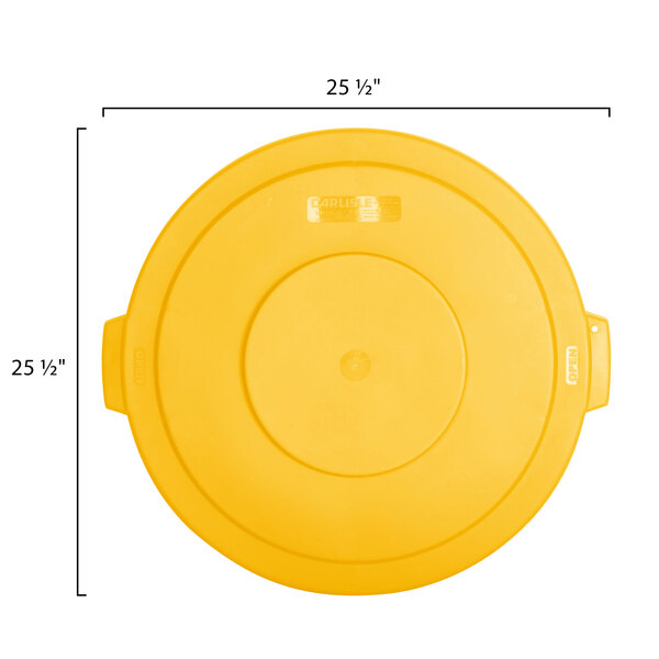 A yellow plastic lid for a Carlisle Bronco trash can with a handle.