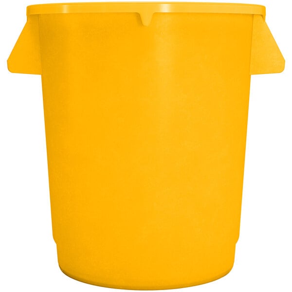 A yellow Carlisle round plastic trash can with a lid.