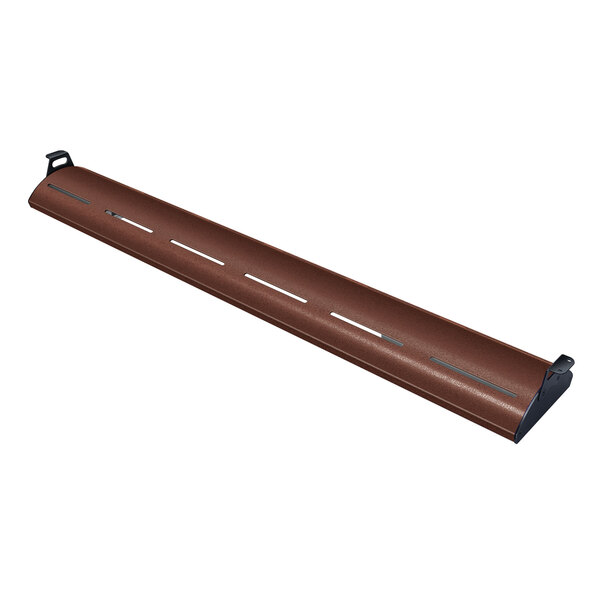An antique copper Hatco curved display light with white lines on the metal.