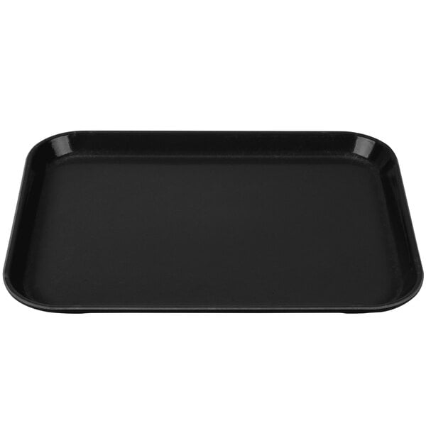 A black rectangular Cambro Camlite tray on a counter.
