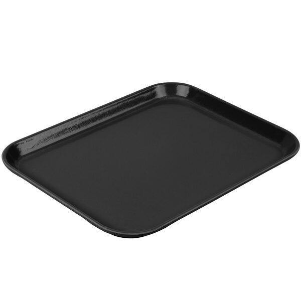A black Cambro Camlite tray on a counter.