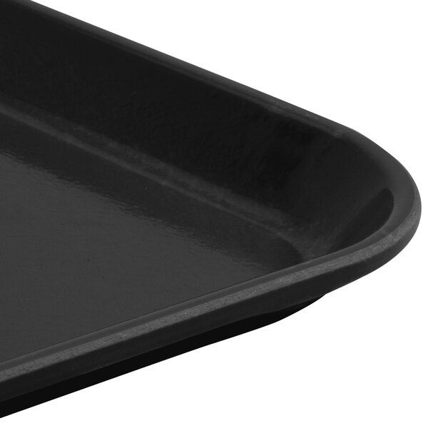 A close-up of a black Cambro Camlite tray.