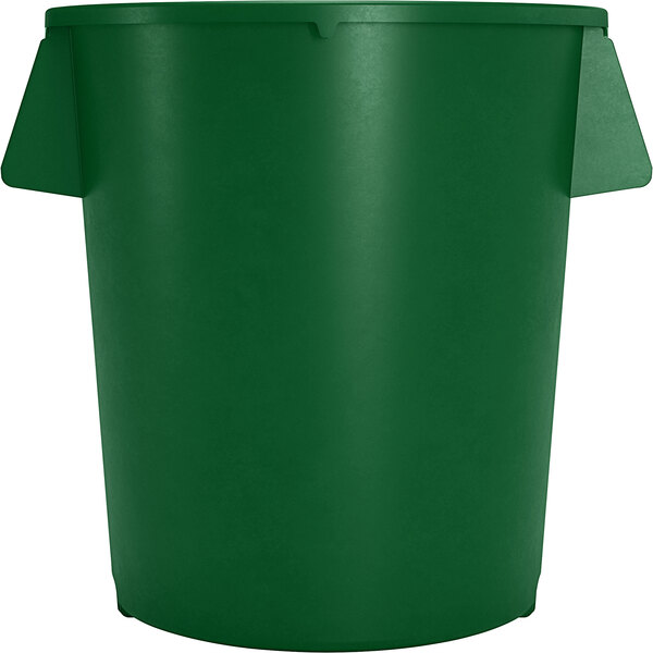 A green plastic Carlisle Bronco trash can with handles.