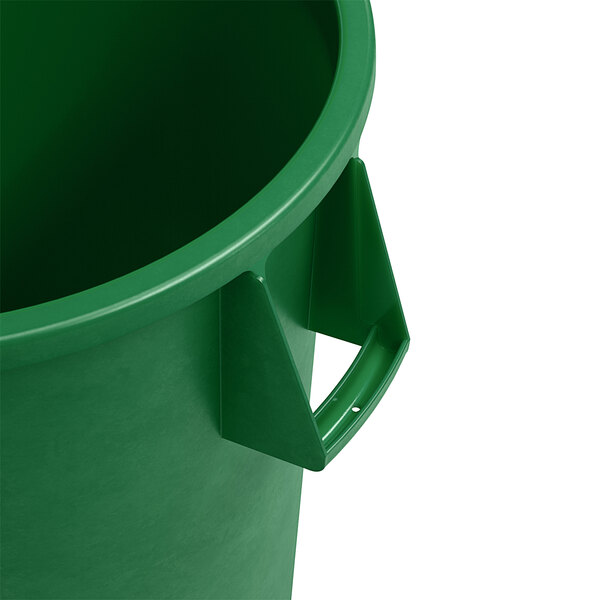 A green Carlisle Bronco commercial trash can with a handle.