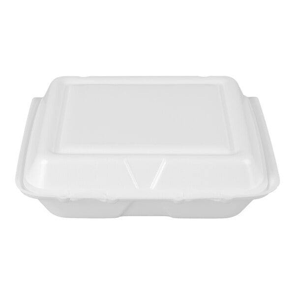 A white Dart foam take out container with a hinged lid.
