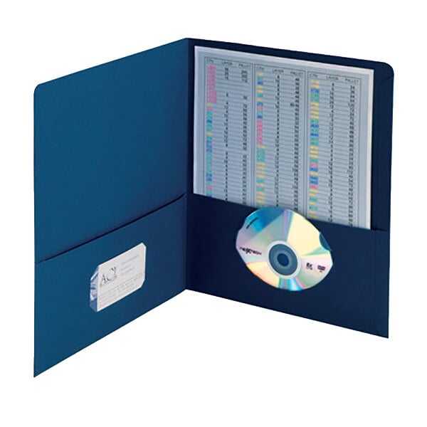 A dark blue Smead pocket folder with a CD in it.