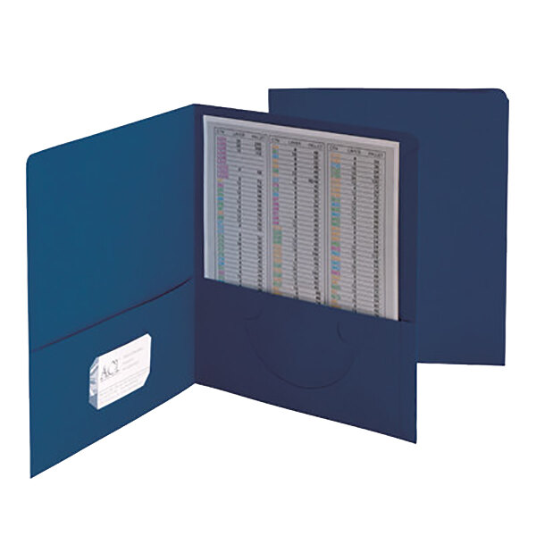 A dark blue Smead paper pocket folder with a piece of paper inside.