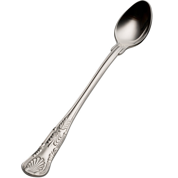 A Bon Chef stainless steel iced tea spoon with a design on the handle.