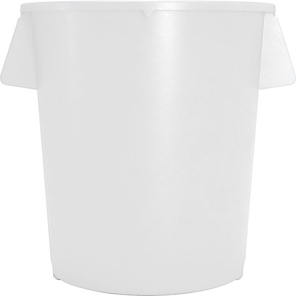 A white plastic Carlisle Bronco trash can with two handles.